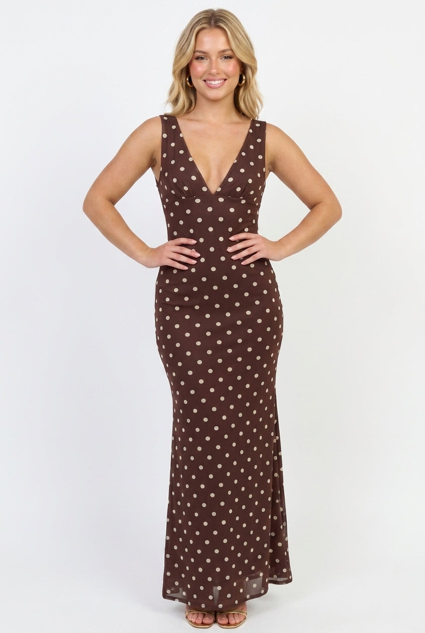 Espresso Nights Polka Dot Maxi Dress