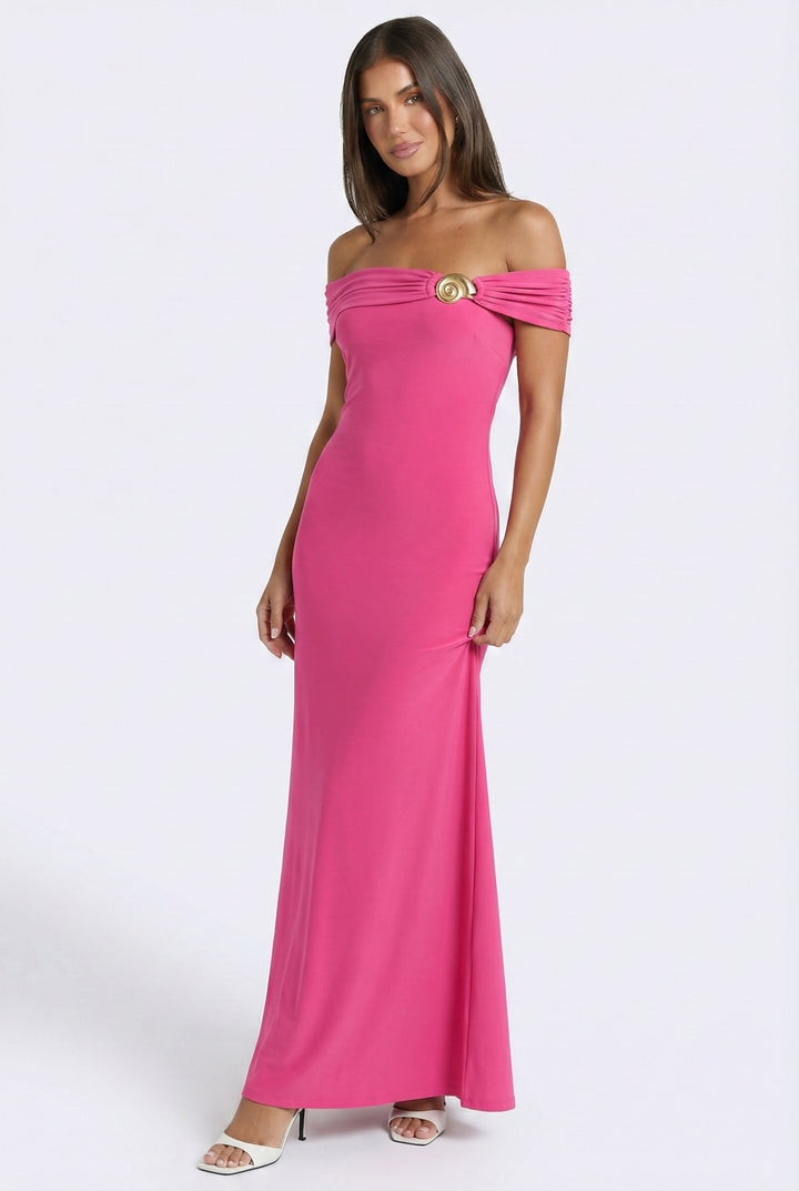 Seashell Radiance Off Shoulder Maxi Dress