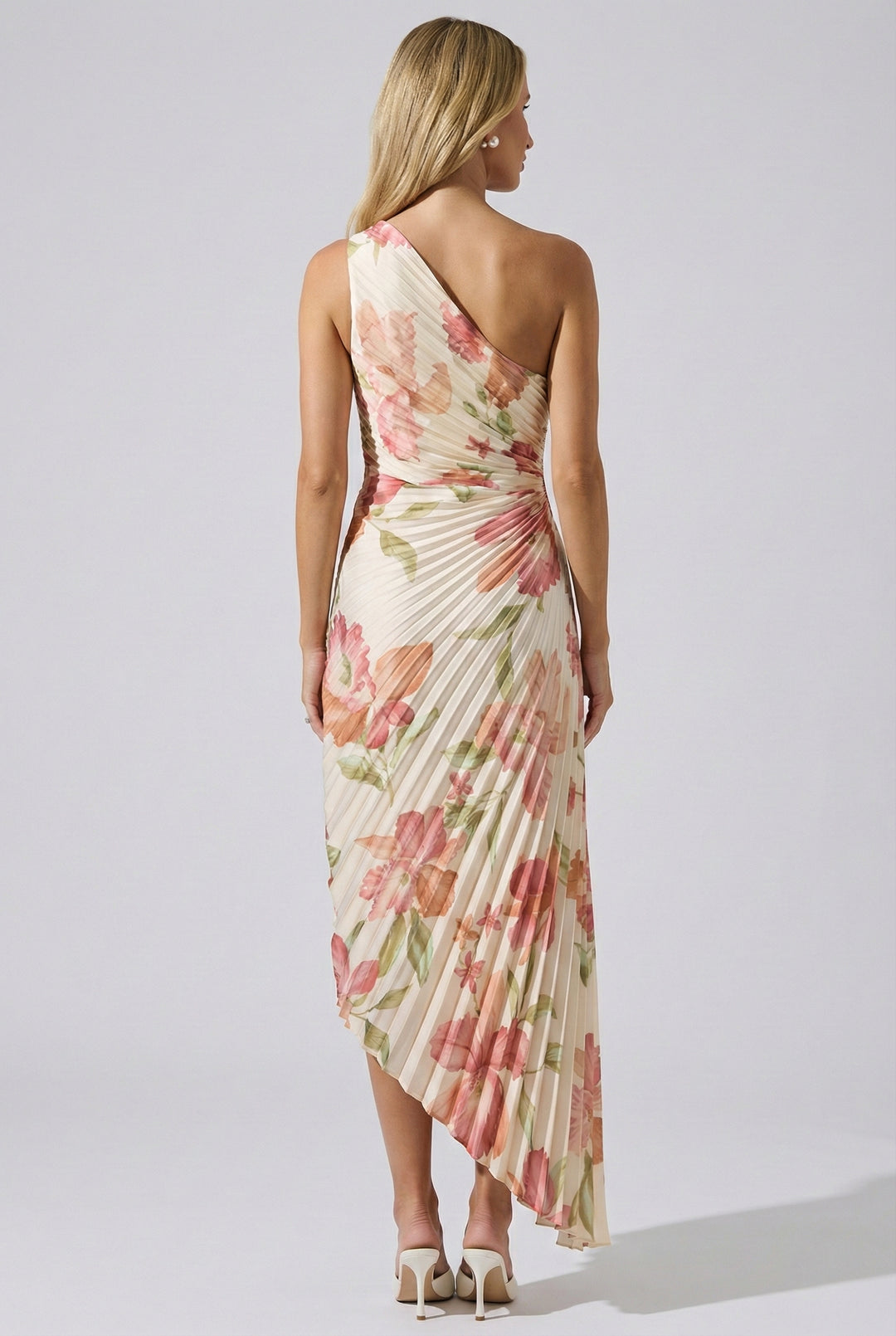 Coral Garden Asymmetrical Pleated Maxi Dress