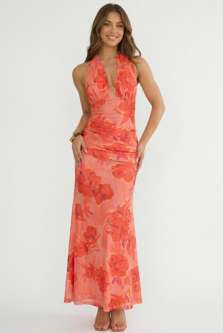Coral Tropical Floral Halter Maxi Dress