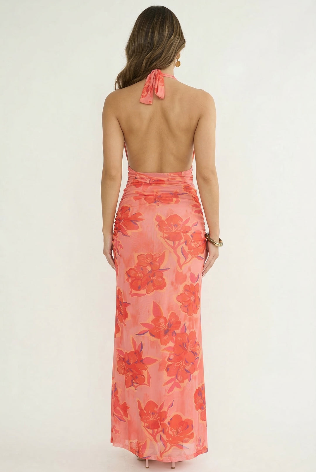 Coral Tropical Floral Halter Maxi Dress