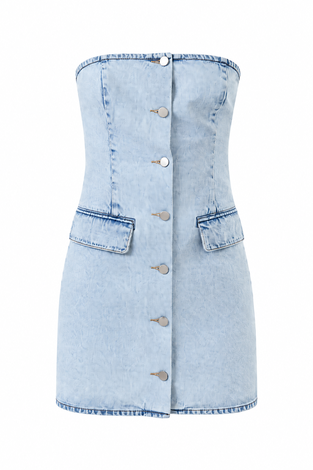Buttoned Up Strapless Denim Mini Dress