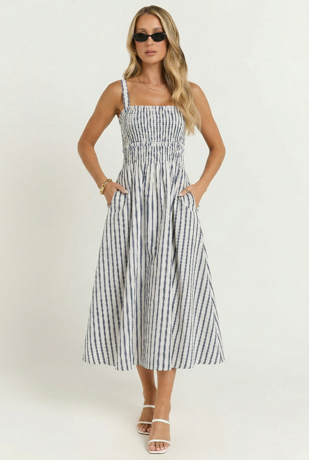 Port Café Striped Linen Midi Dress