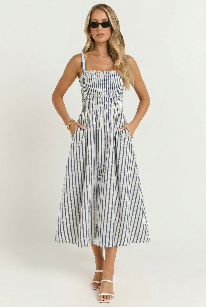 Port Café Striped Linen Midi Dress