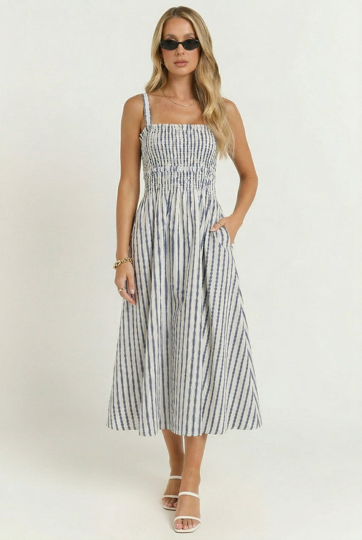 Port Café Striped Linen Midi Dress
