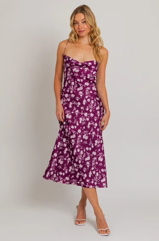 Purple Floral Satin Midi Dress