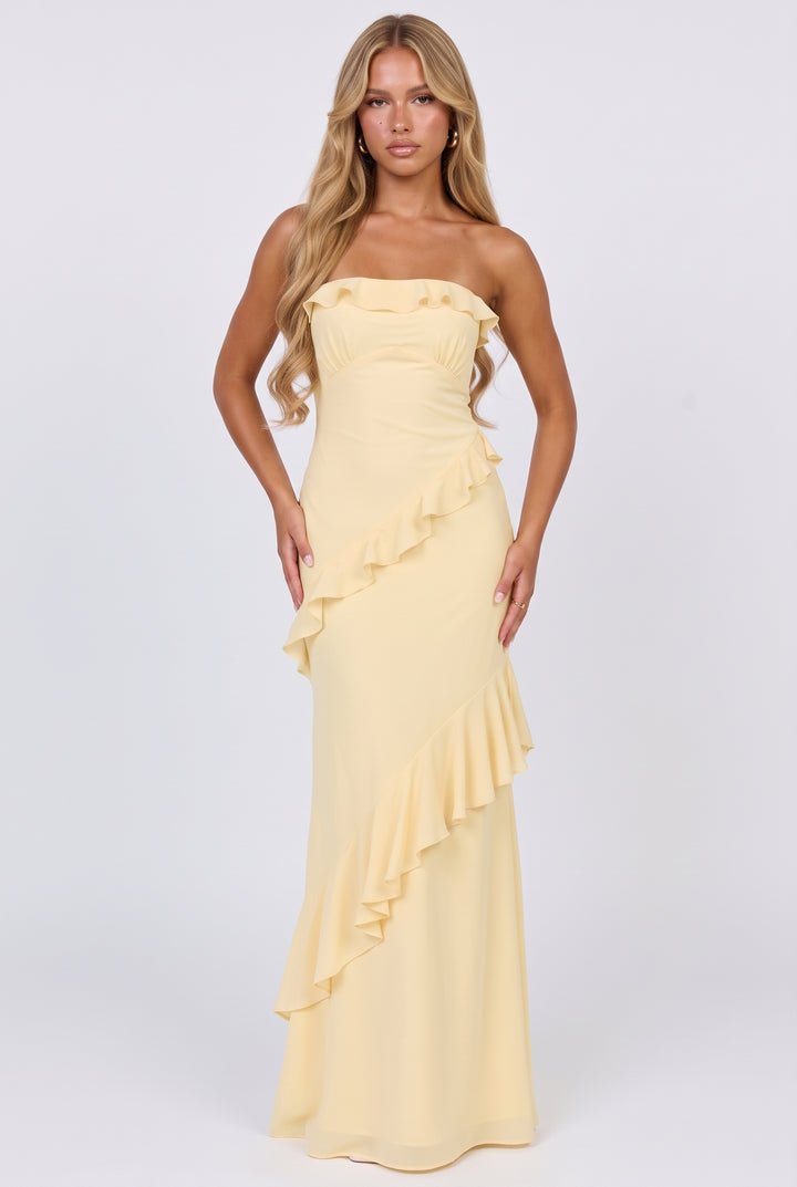 Say It Back Strapless Ruffle Maxi Dress