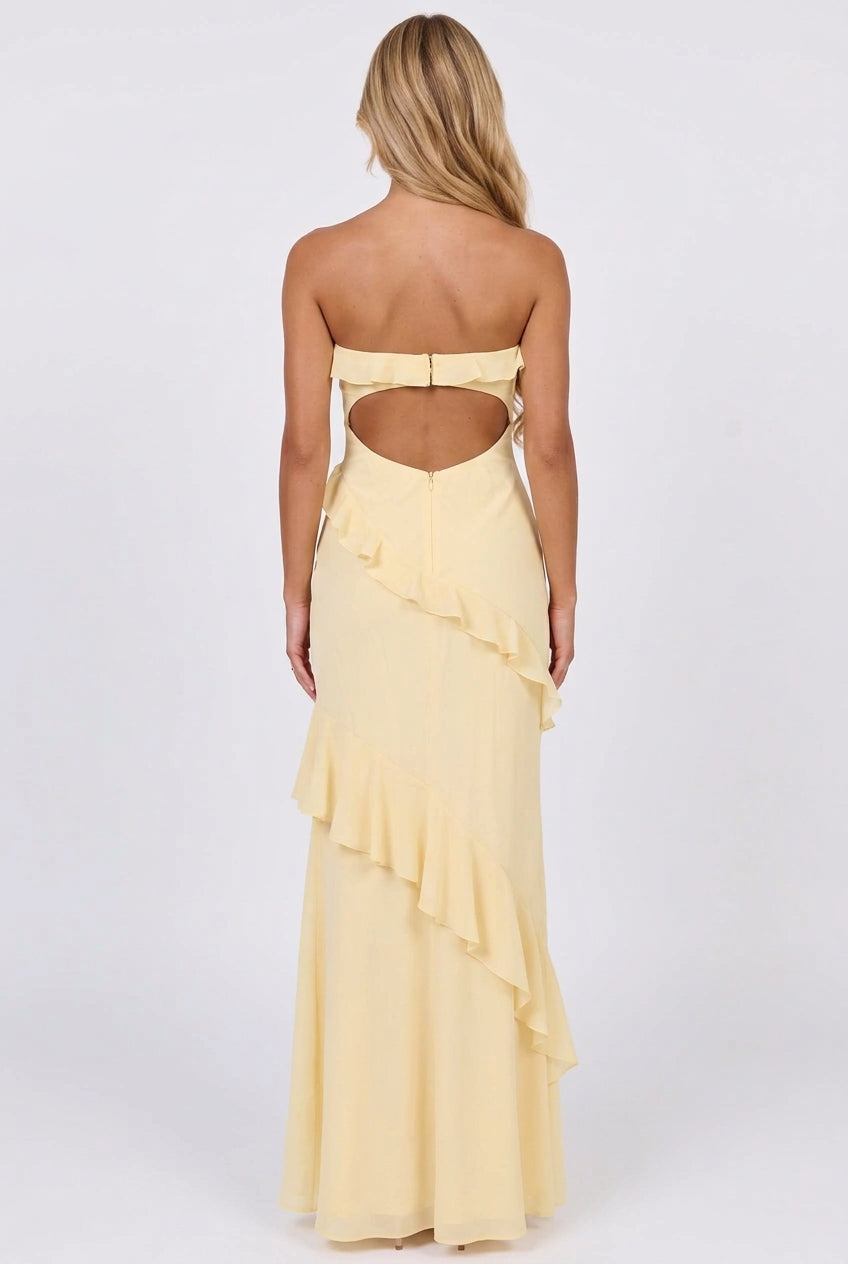 Say It Back Strapless Ruffle Maxi Dress
