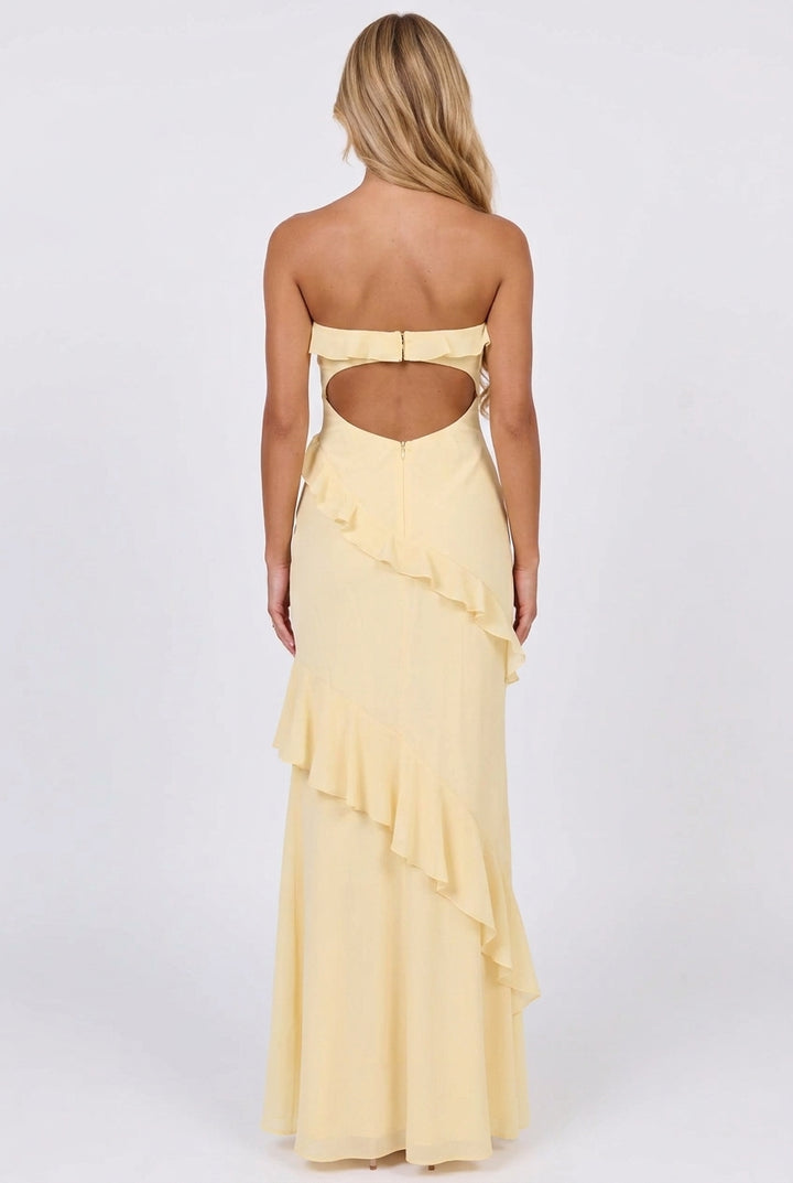 Say It Back Strapless Ruffle Maxi Dress