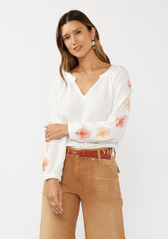 Coral Embroidered Cotton Gauze Blouse Top