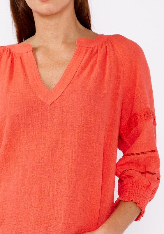 Smocked Cotton Lace Trimmed Blouse Top