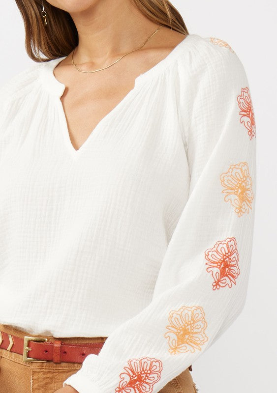 Coral Embroidered Cotton Gauze Blouse Top