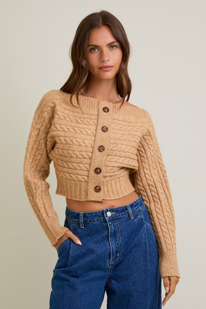 Sutton Off-Shoulder Cable Knit Cardigan