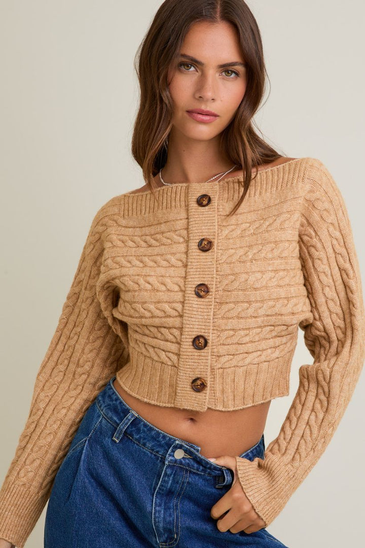 Sutton Off-Shoulder Cable Knit Cardigan
