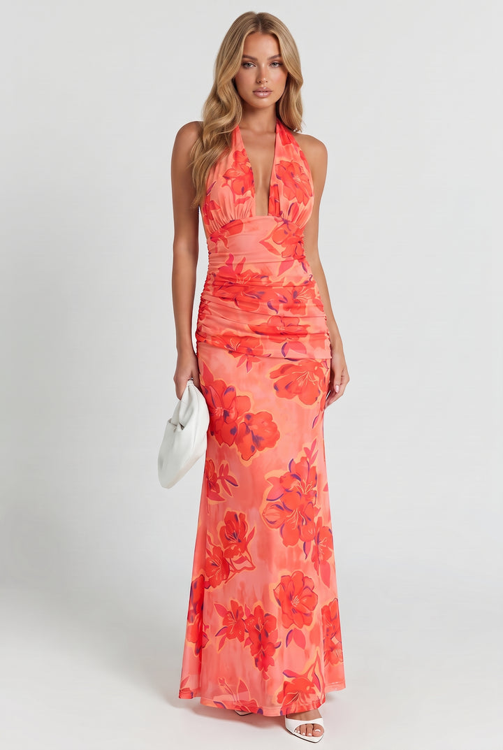 Coral Tropical Floral Halter Maxi Dress