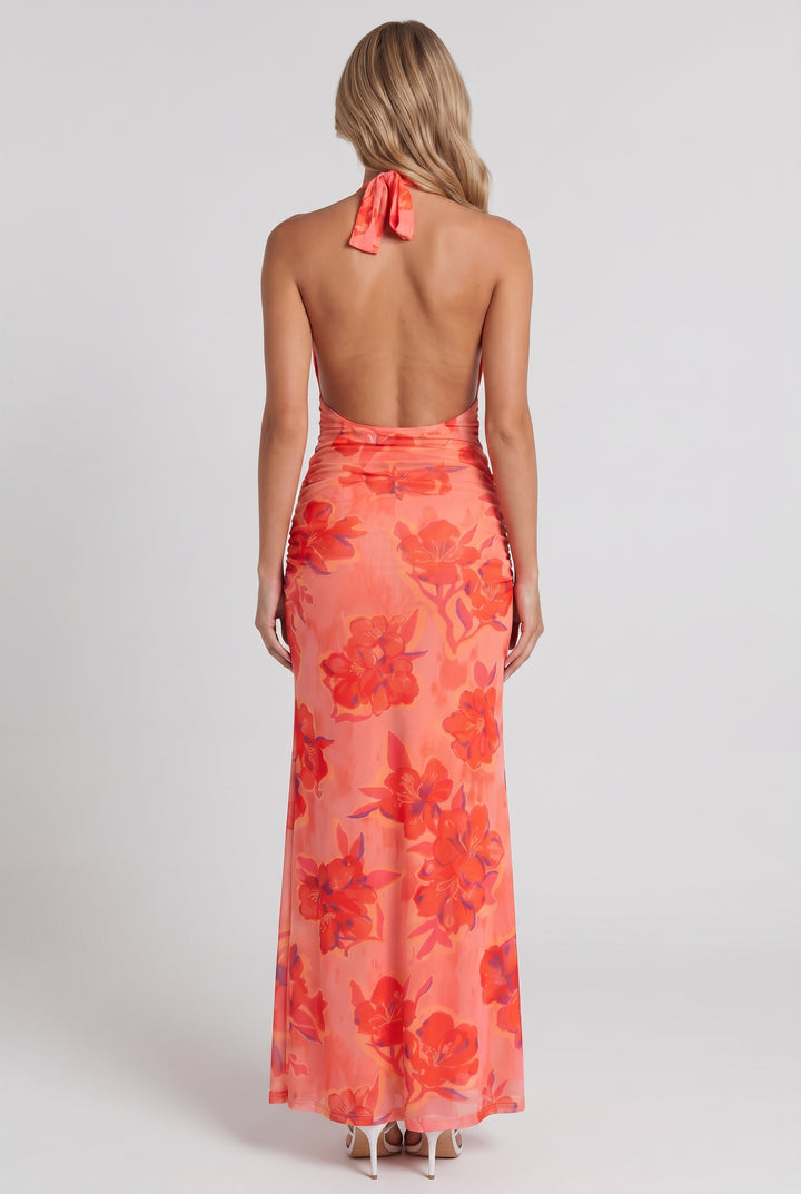 Coral Tropical Floral Halter Maxi Dress