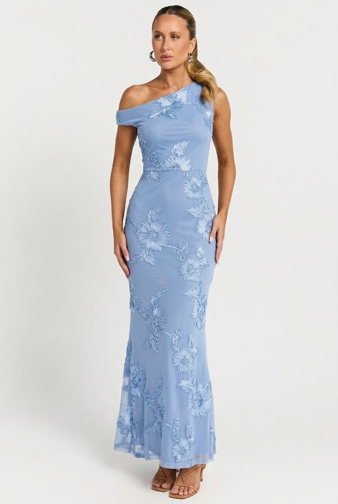 Blue Hydrangea Evening Maxi Dress