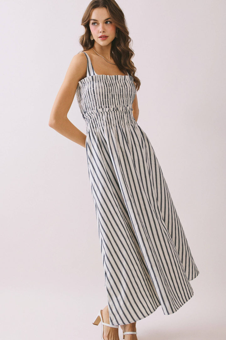 Port Café Striped Linen Midi Dress