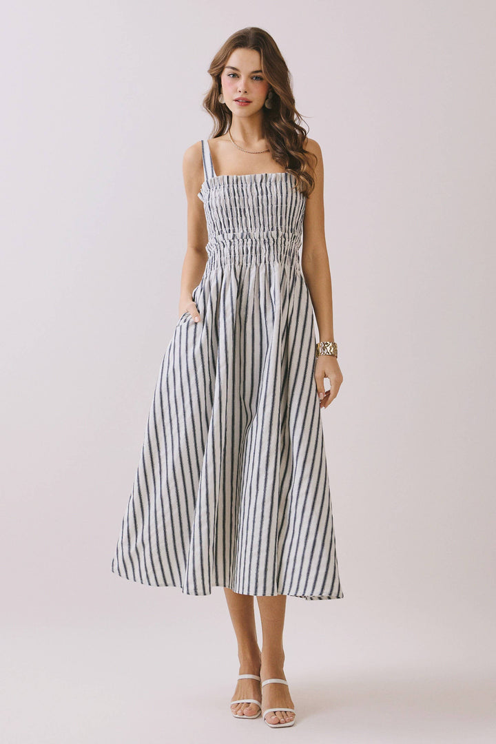 Port Café Striped Linen Midi Dress