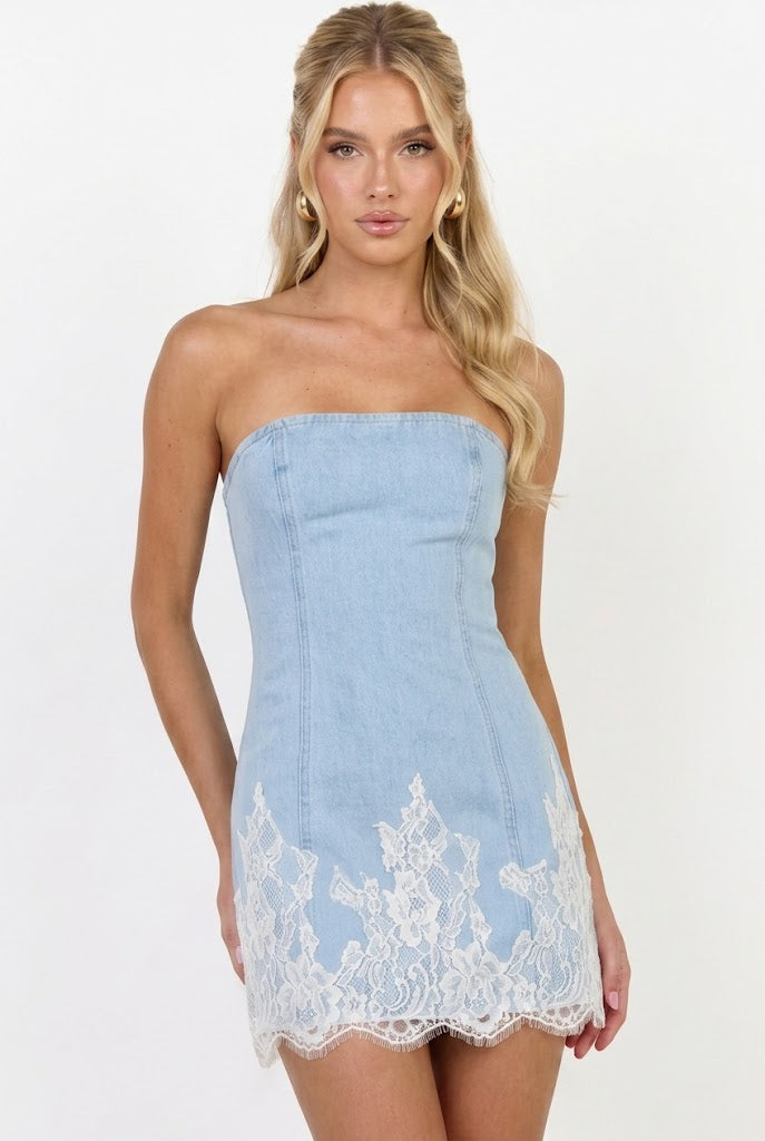 Porcelain Lace Denim Mini Dress