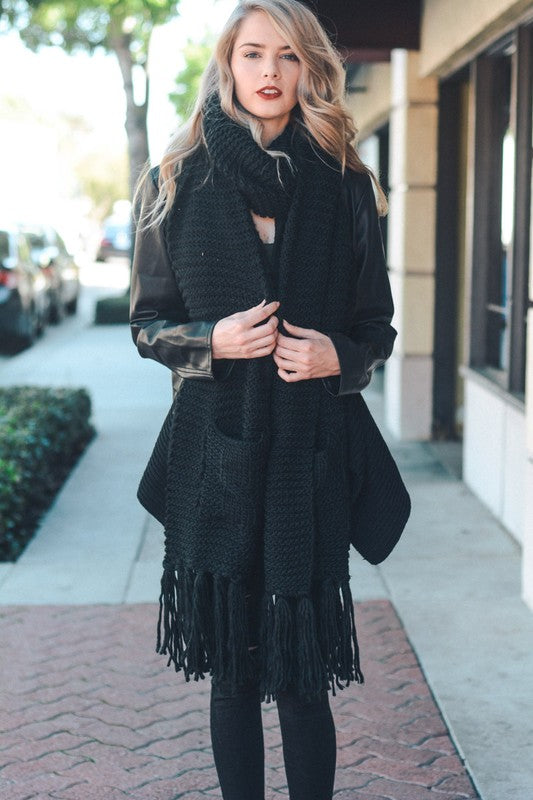 Oversized Fringe Tassel Pocketed Knit Scarf