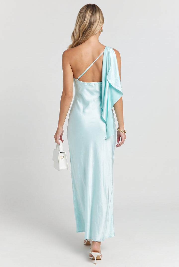 Greek Island Sunsets Satin One Shoulder Maxi Dress