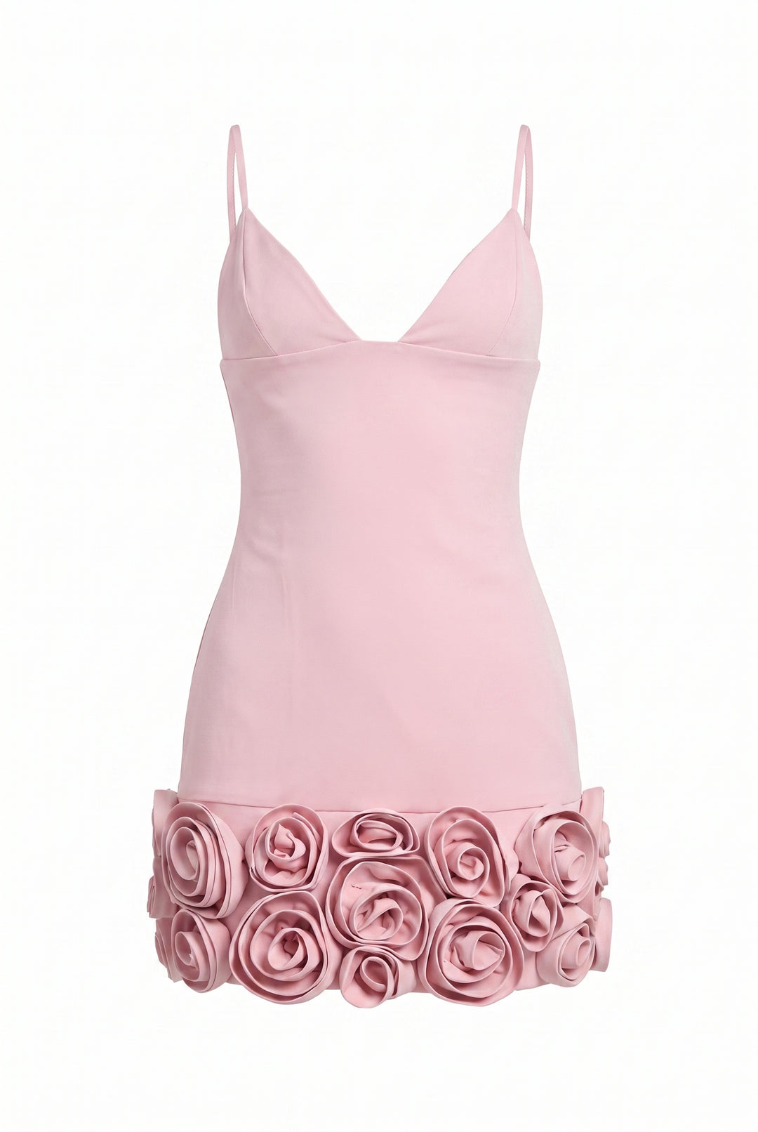 Front product view of the pink Sculpted in Roses mini dress with a dimensional rose hem.