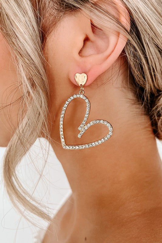 Gold Rhinestone Heart Earrings - Final Sale