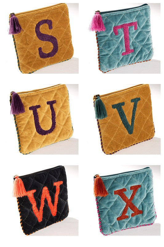 Velvet Initial Embroidered Pouch