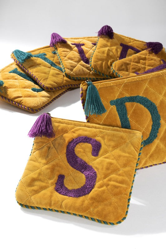 Velvet Initial Embroidered Pouch