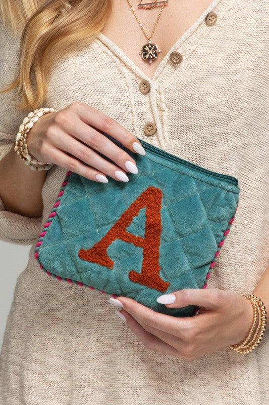 Velvet Initial Embroidered Pouch