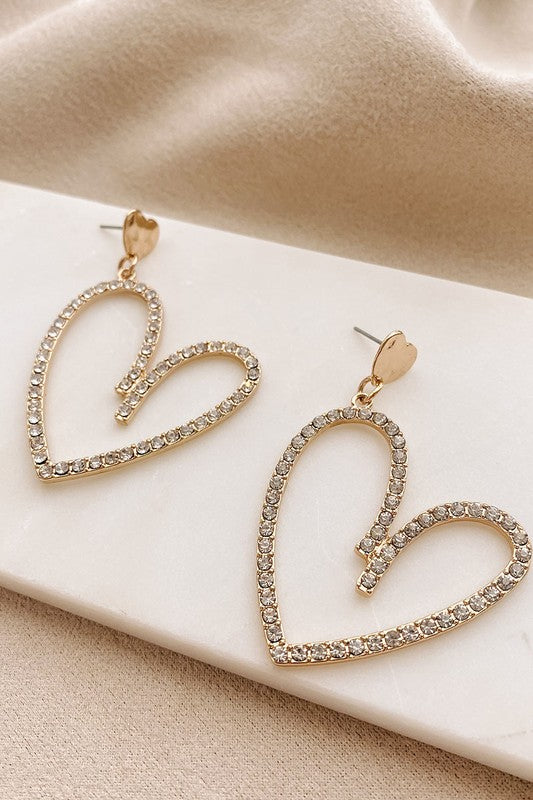 Gold Rhinestone Heart Earrings - Final Sale