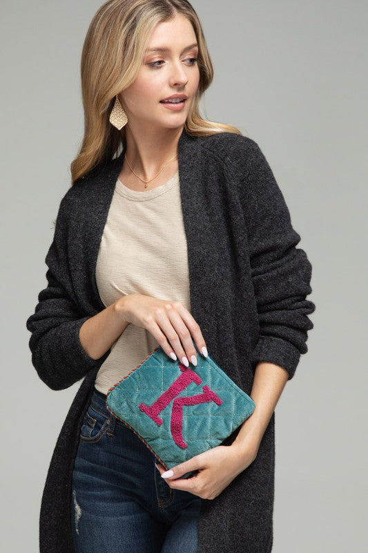 Velvet Initial Embroidered Pouch