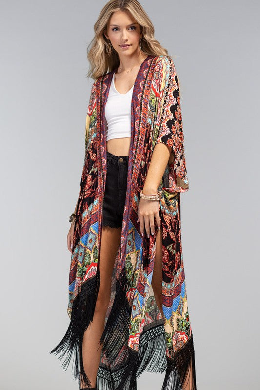 Marigold Fringe Border Open Front Kimono