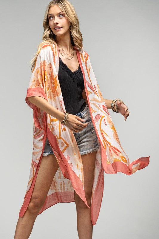 Peach Watercolor Floral Open Front Kimono