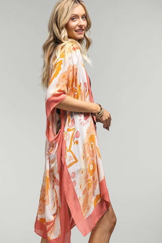 Peach Watercolor Floral Open Front Kimono