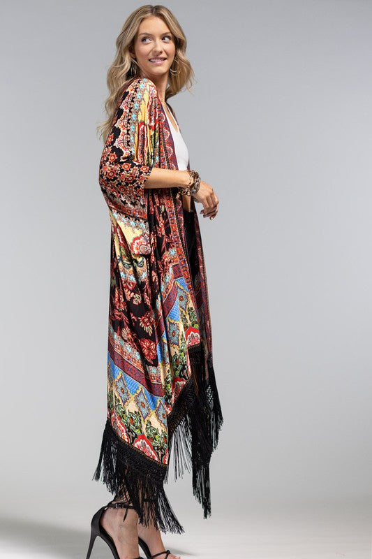 Marigold Fringe Border Open Front Kimono