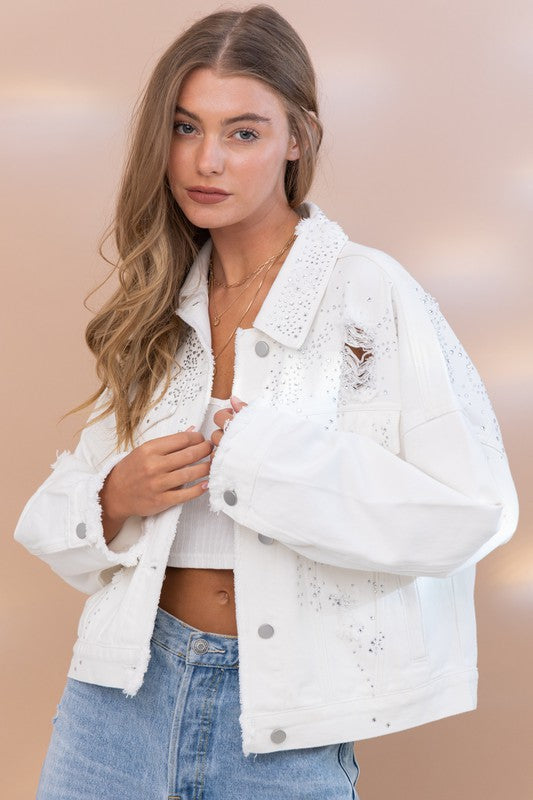 Oversized Sprinkle Rhinestone Denim Jacket - Final Sale