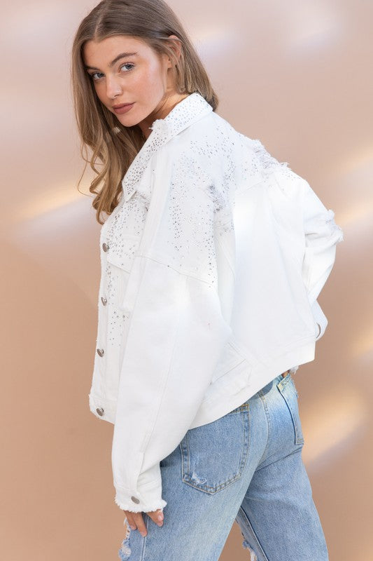 Oversized Sprinkle Rhinestone Denim Jacket - Final Sale