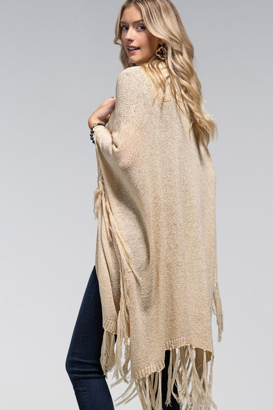 Open Front Fringe Knitted Shawl Ruana