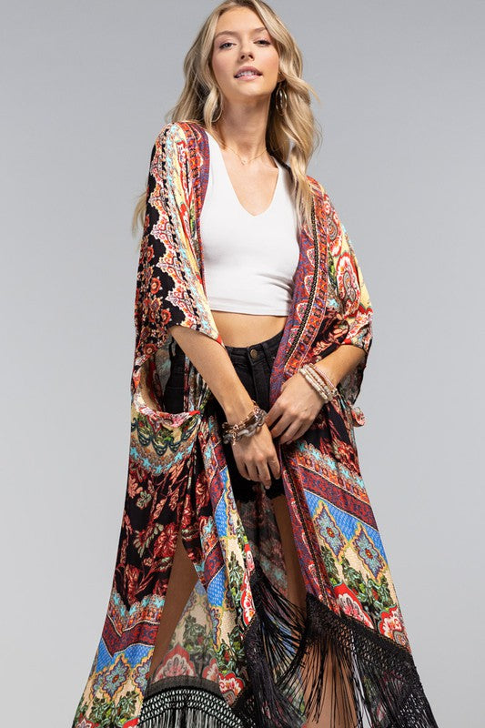 Marigold Fringe Border Open Front Kimono