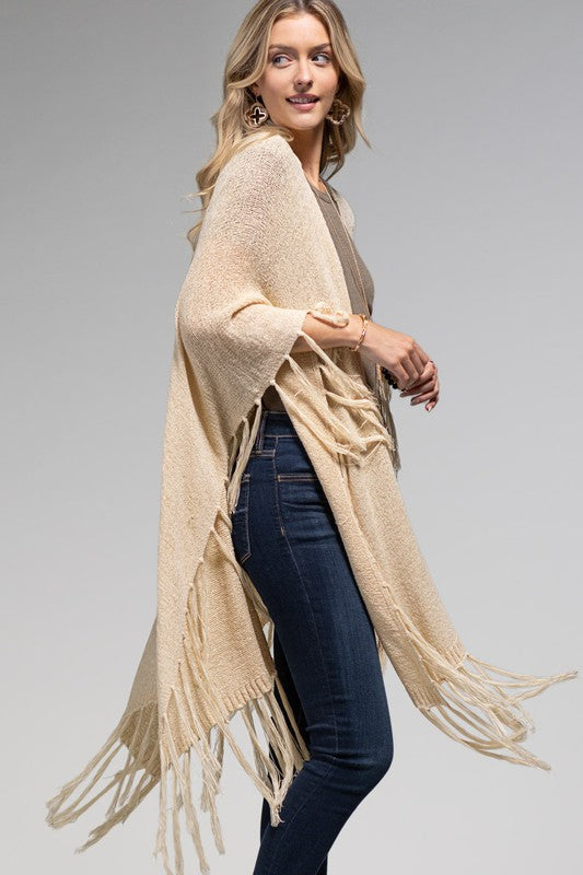 Open Front Fringe Knitted Shawl Ruana