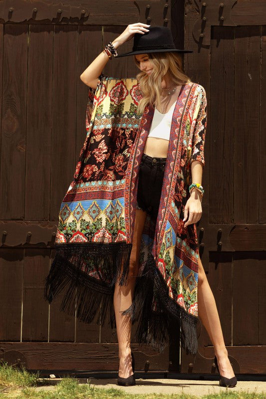 Marigold Fringe Border Open Front Kimono