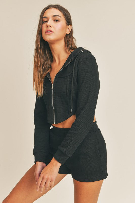 Waffle Hooded Crop Jacket & Shorts Two Piece Set - Small - Final Sale