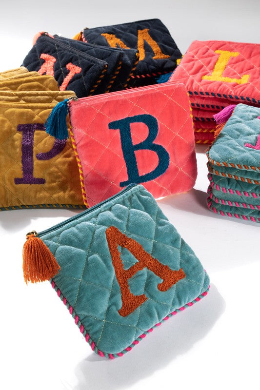 Velvet Initial Embroidered Pouch