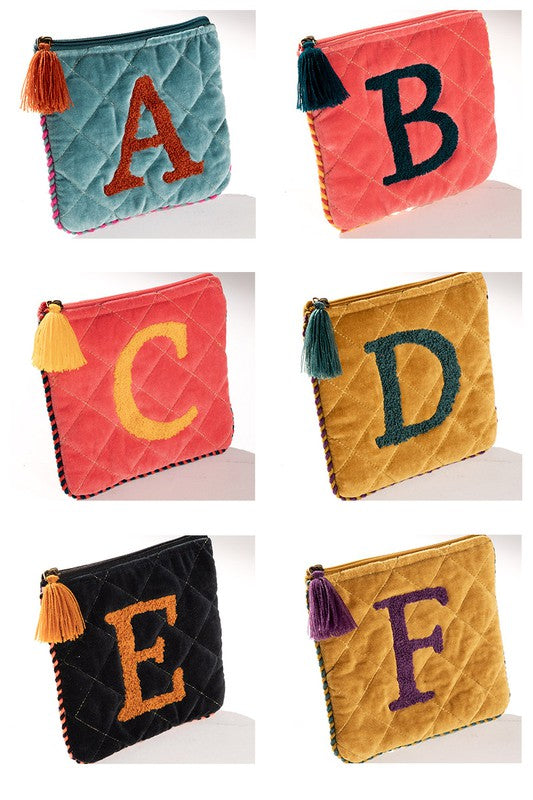 Velvet Initial Embroidered Pouch