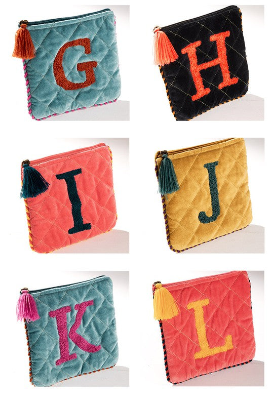 Velvet Initial Embroidered Pouch