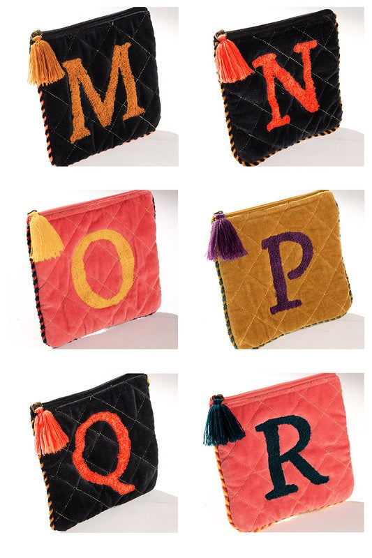 Velvet Initial Embroidered Pouch